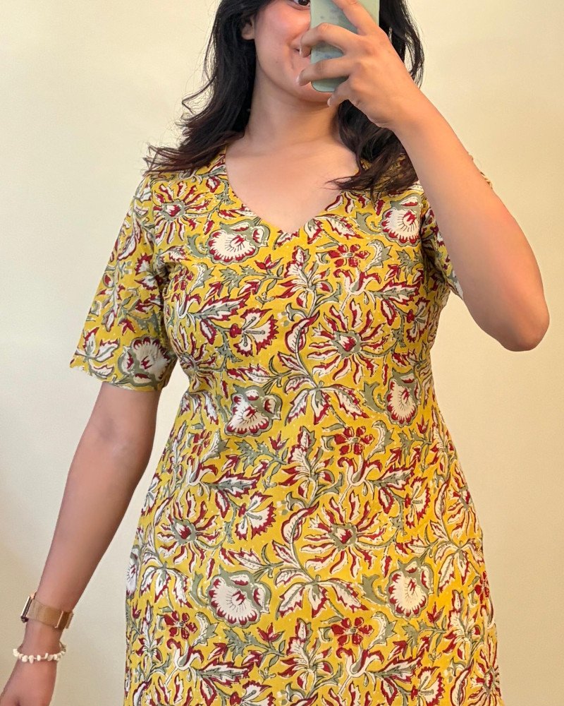 MUSTARD FLORAL SHORT STRAIGHT KURTI