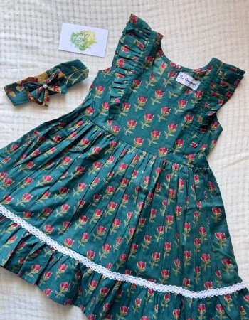 GREEN LITTLE FLORAL MOTIFS KIDS FROCK