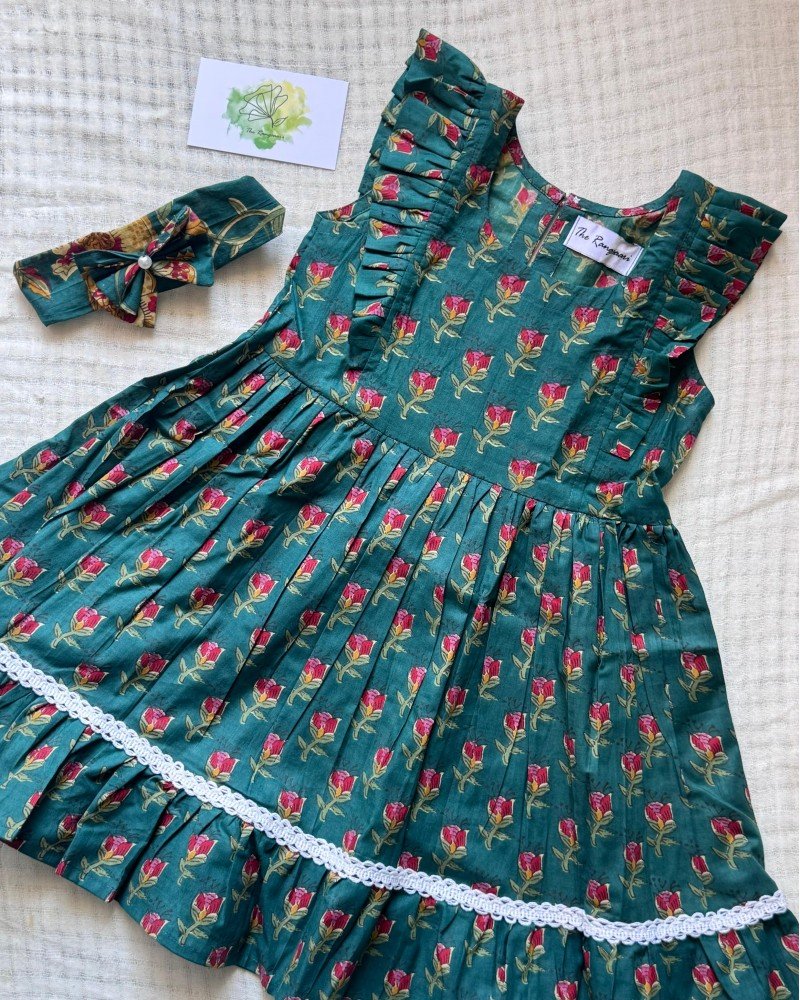 GREEN LITTLE FLORAL MOTIFS KIDS FROCK