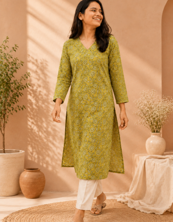 GREEEN FLORAL LONG STRAIGHT KURTI