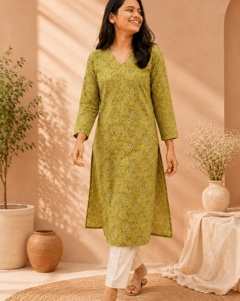 GREEEN FLORAL LONG STRAIGHT KURTI