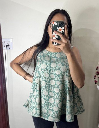 GREEN FLORAL CHANDERI SILK PRINCESS CUT TOP