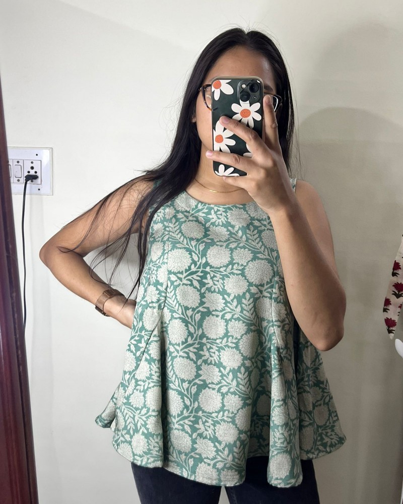 GREEN FLORAL CHANDERI SILK PRINCESS CUT TOP