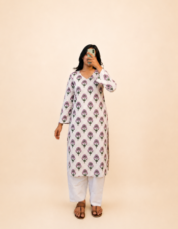 WHITE PINK FLOWER LONG STRAIGHT KURTI