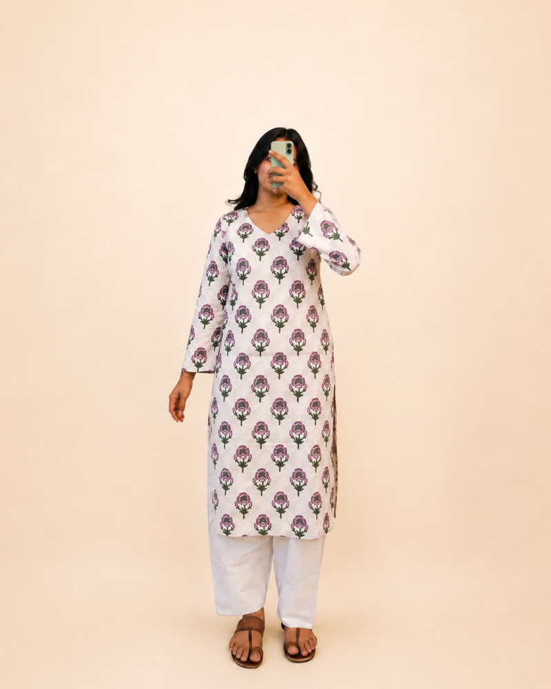 WHITE PINK FLOWER LONG STRAIGHT KURTI