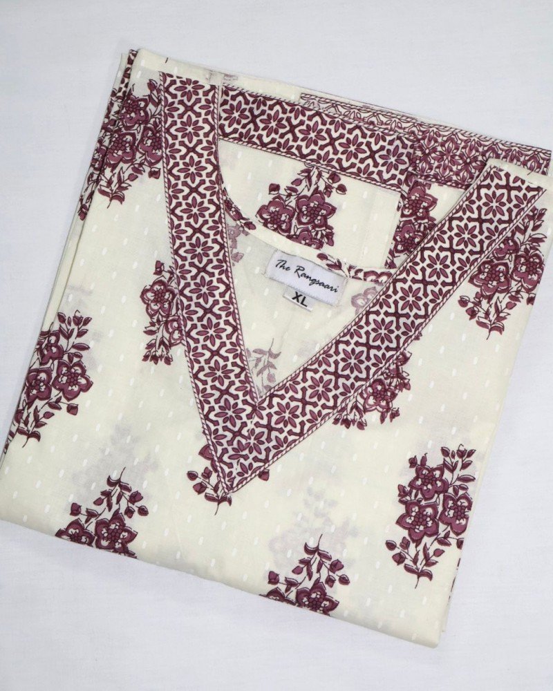 WHITE PURPLE FLOWER MOTIF LONG STRAIGHT KURTI