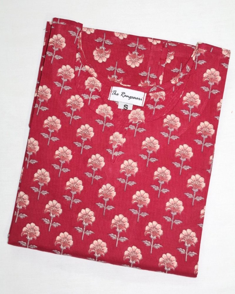 PINK FLOWER MOTIF LONG STRAIGHT KURTI