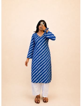 BLUE LEHERIYA LONG STRAIGHT KURTI