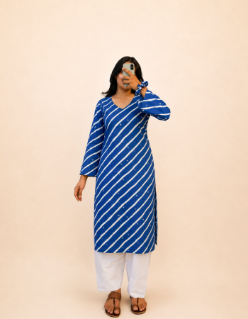 BLUE LEHERIYA LONG STRAIGHT KURTI