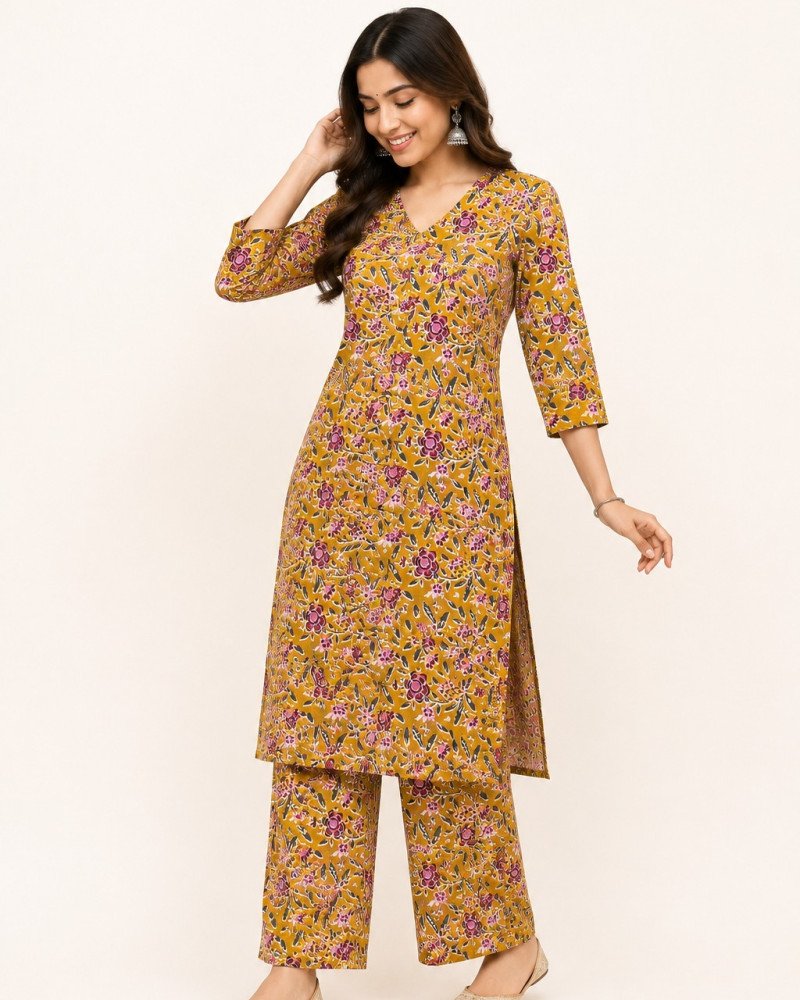 MUSTARD FLORALS KURTA BOTTOM SET
