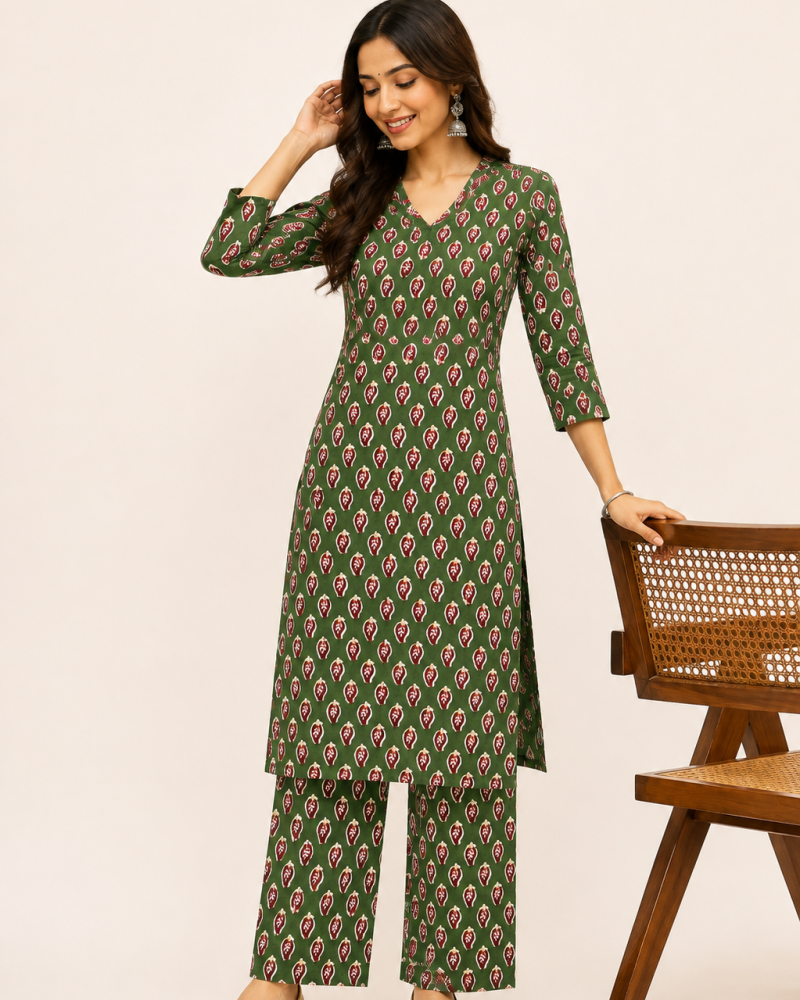 GREEN MOTIF KURTA BOTTOM SET