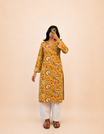 MUSTARD FLORAL LONG STRAIGHT KURTI