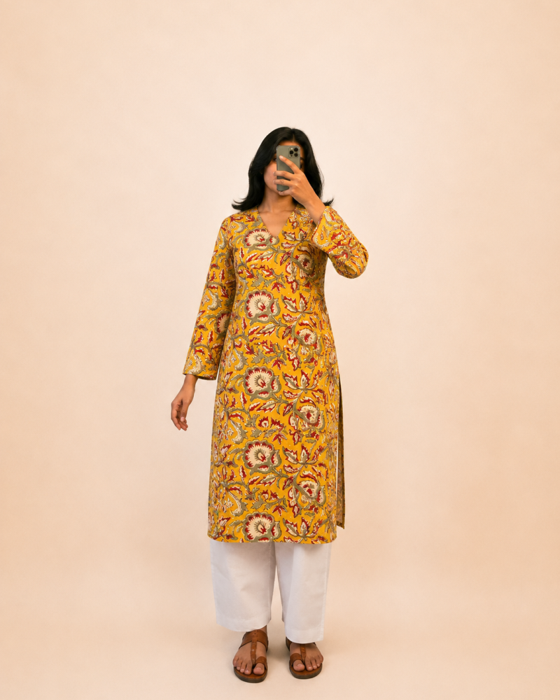 MUSTARD FLORAL LONG STRAIGHT KURTI