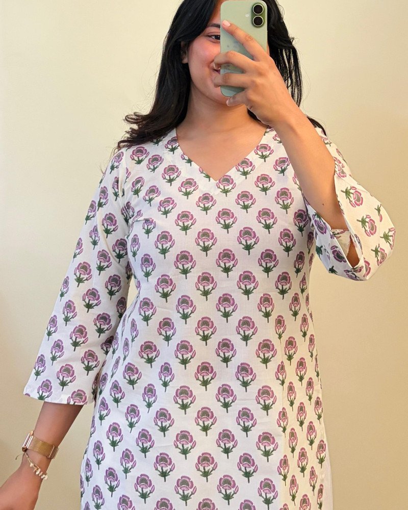WHITE PINK FLOWER SHORT STRAIGHT KURTI