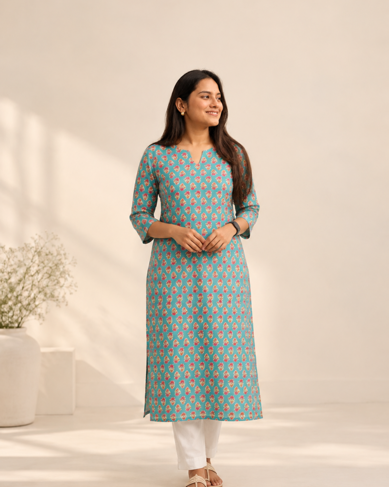 BLUE PINK LONG STRAIGHT KURTI