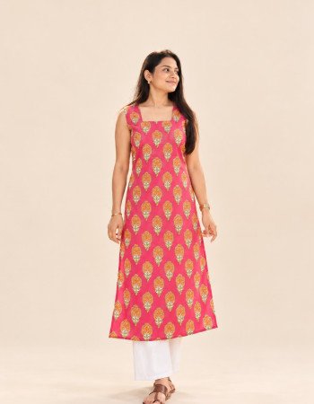 PINK ORANGE CHANDERI HANDBLOCK LONG STRAIGHT KURTI