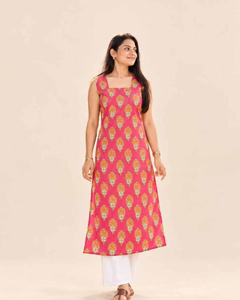 PINK ORANGE CHANDERI HANDBLOCK LONG STRAIGHT KURTI