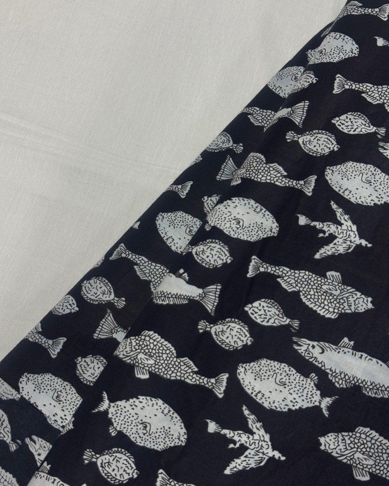 BLACK FISH MOTIF LONG STRAIGHT KURTI