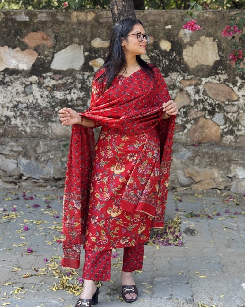 RED FLORAL MOTIF SUIT SET 