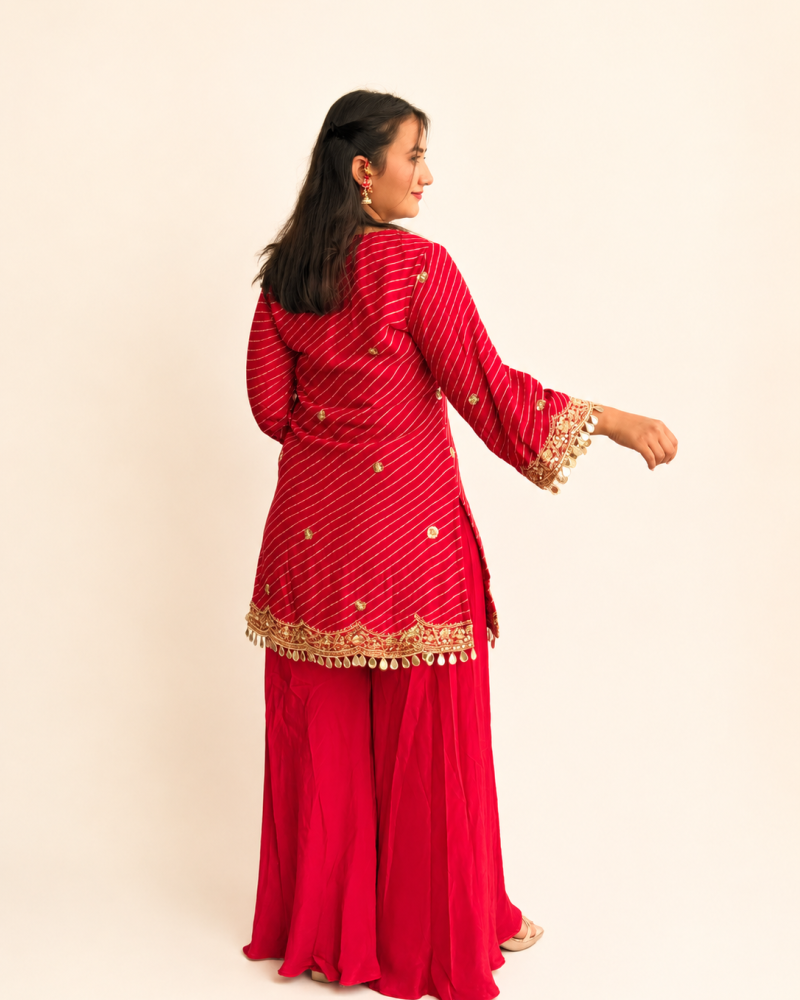 RED LEHERIYA SHARARA SUIT SET