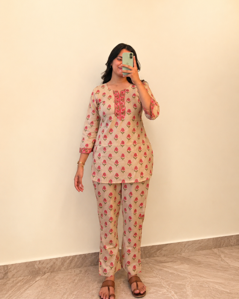 PINK FLOWER BOOTA NIGHT SET