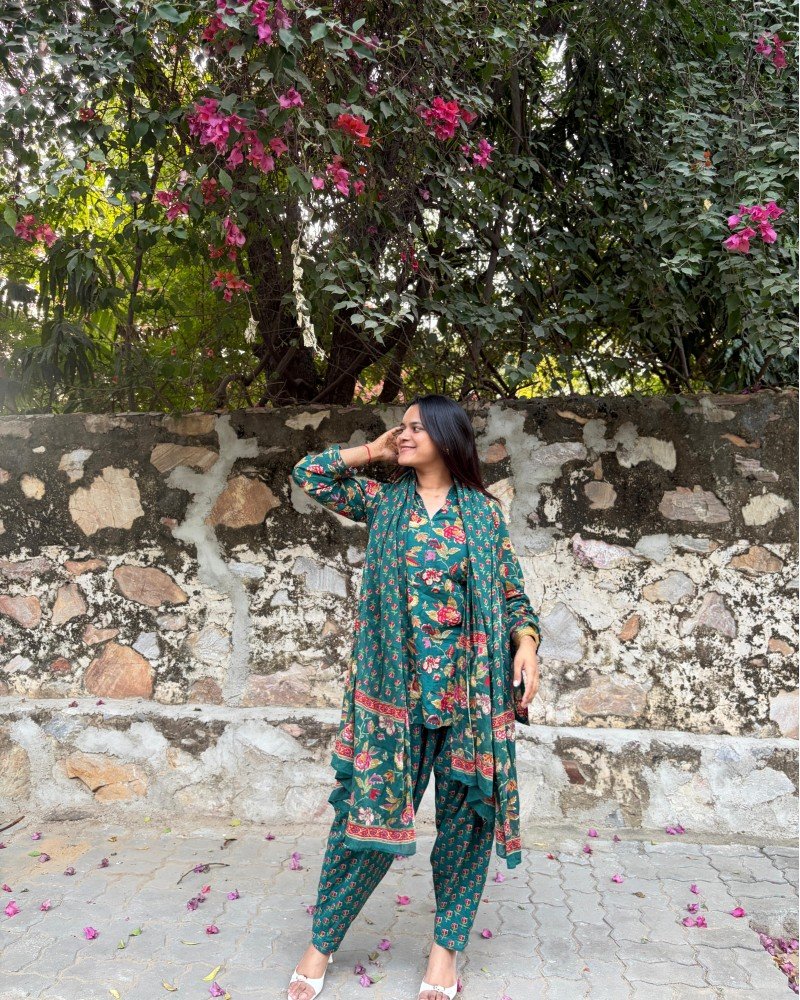 DARK GREEN FLORAL MOTIF AFGHANI SET