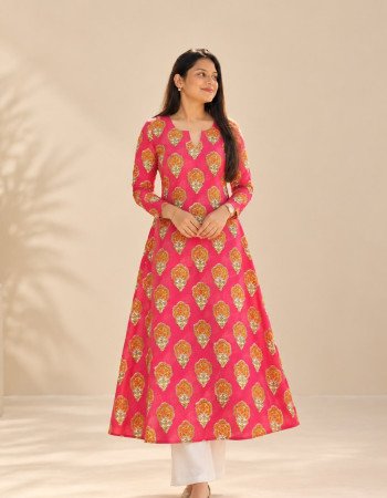 PINK ORANGE FLOWER CHANDERI  A LINE KURTI