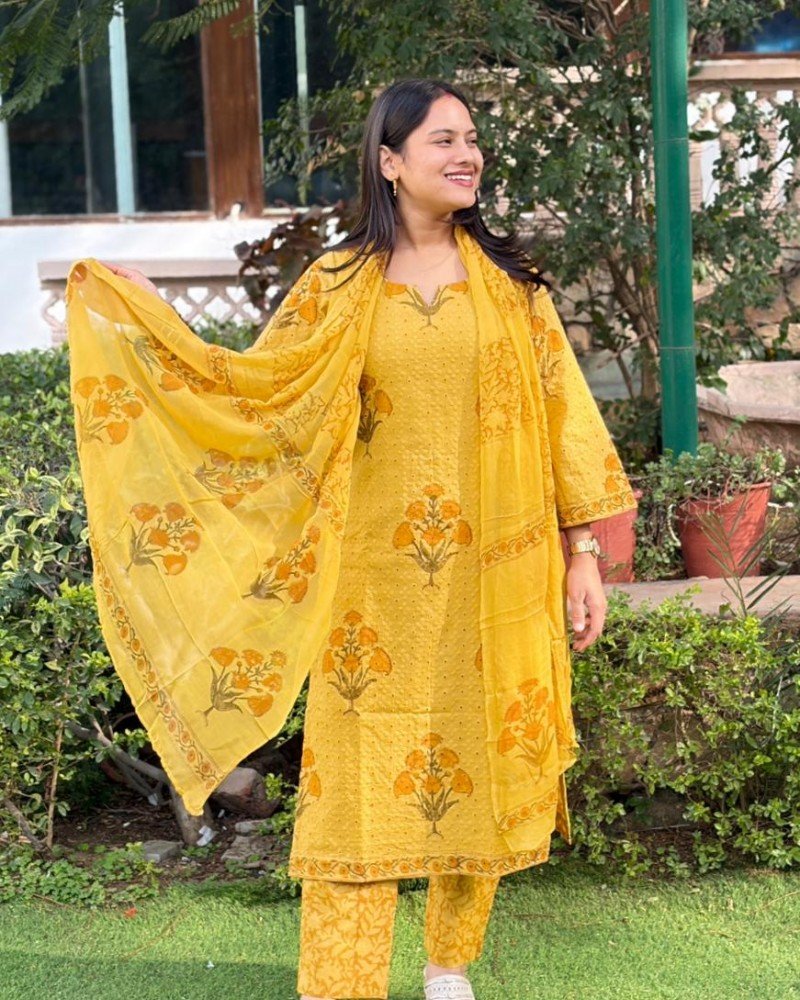 MUSTARD SCHIFFILI PRINTED COTTON SUIT SET