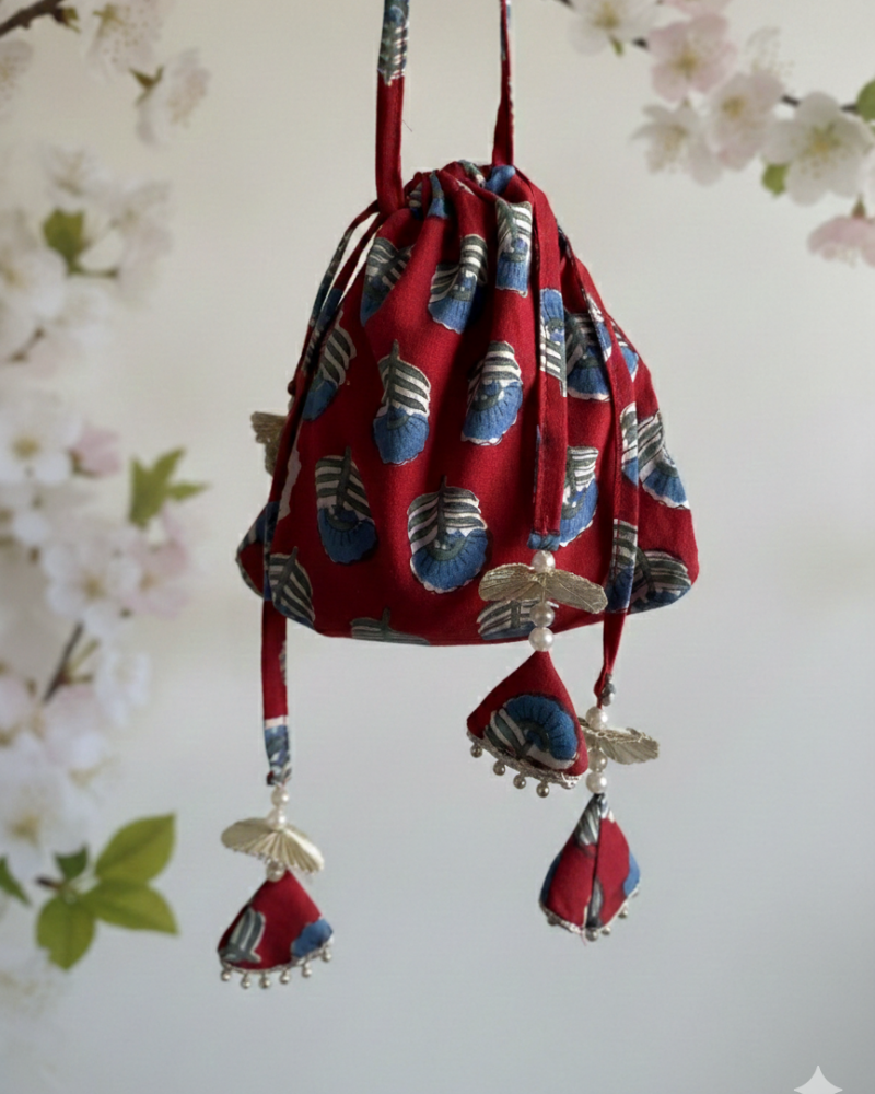 RED MOTIF HANDBLOCKED POTLI BAG