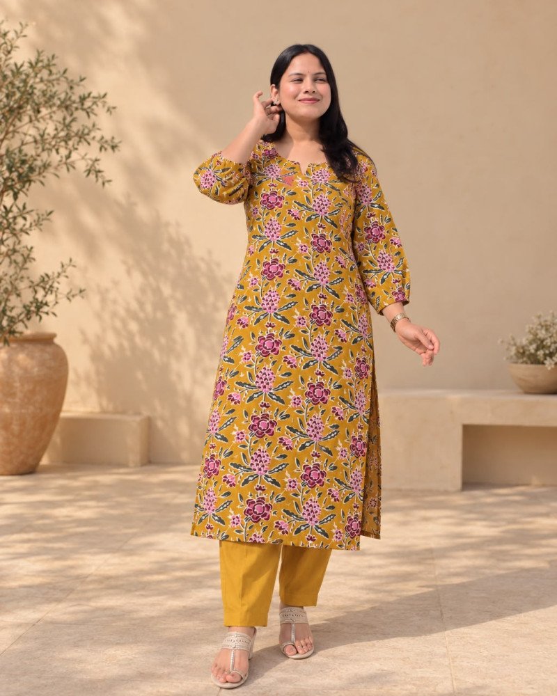 MUSTARD PINK FLORALS KURTA BOTTOM SET