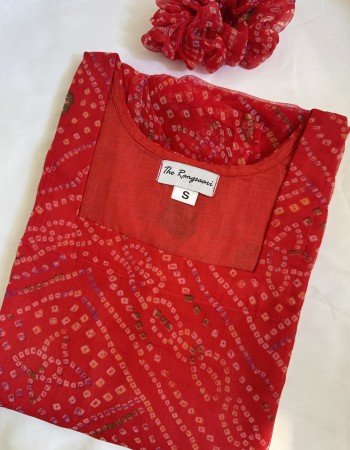 RED BANDHEJ GEORGETTE LONG STRAIGHT KURTI