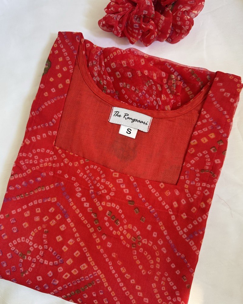 RED BANDHEJ GEORGETTE LONG STRAIGHT KURTI