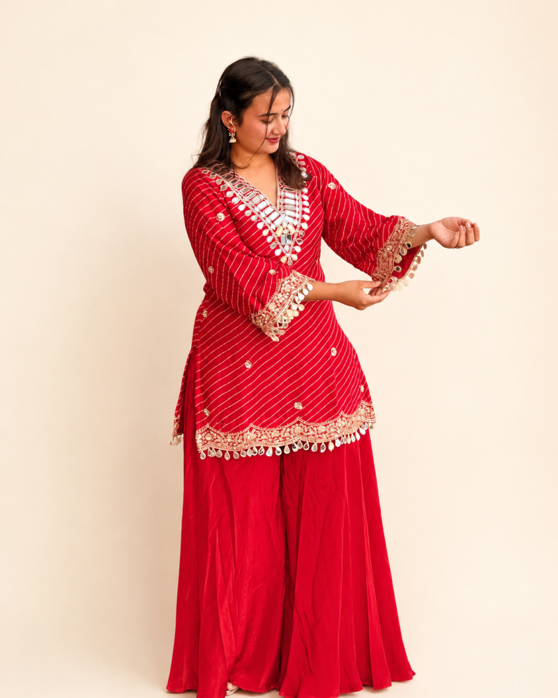 RED LEHERIYA SHARARA SUIT SET