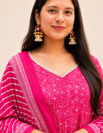 PINK BANDHEJ UMBRELLA GHER KURTI