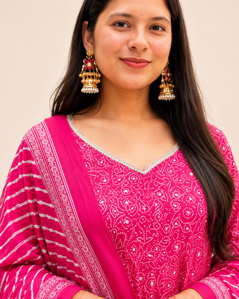 PINK BANDHEJ UMBRELLA GHER KURTI