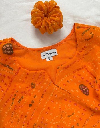 MUSTARD BANDHEJ GORGETTE LONG STRAIGHT KURTI