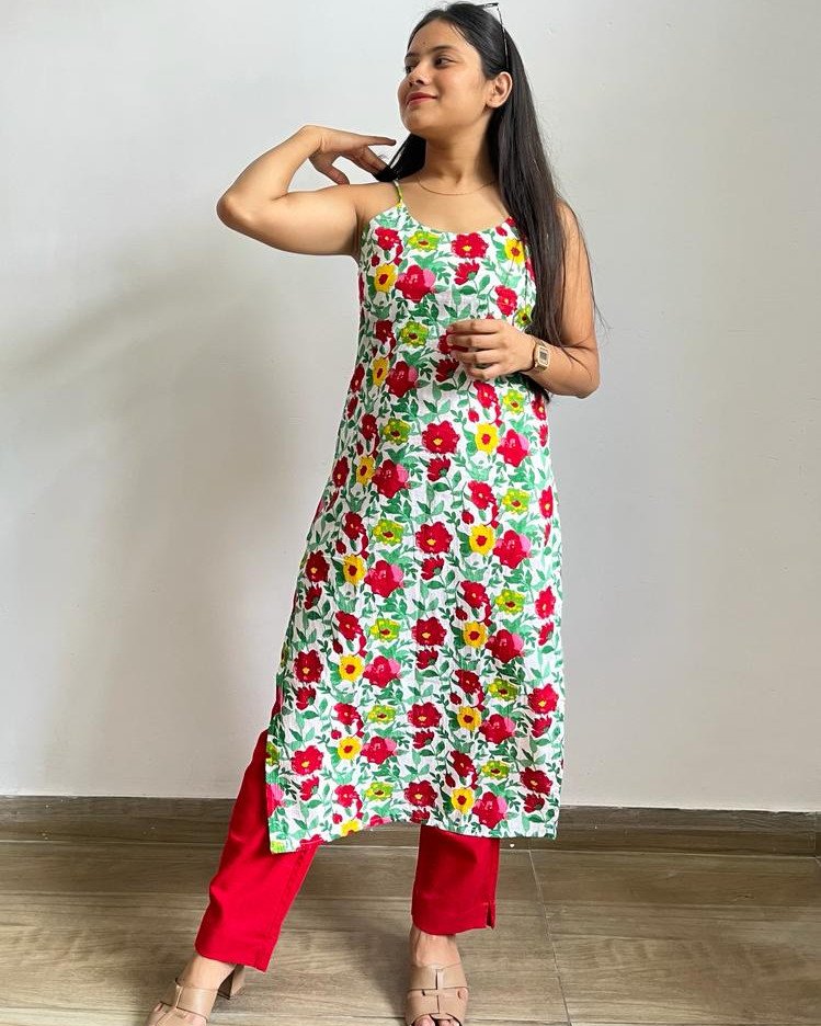 MAROON MOTIF HANDBLOCK LONG STRAIGHT KURTI