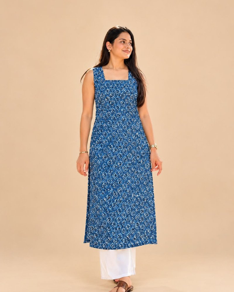 INDIGO DOTS HANDBLOCK LONG STRAIGHT KURTI