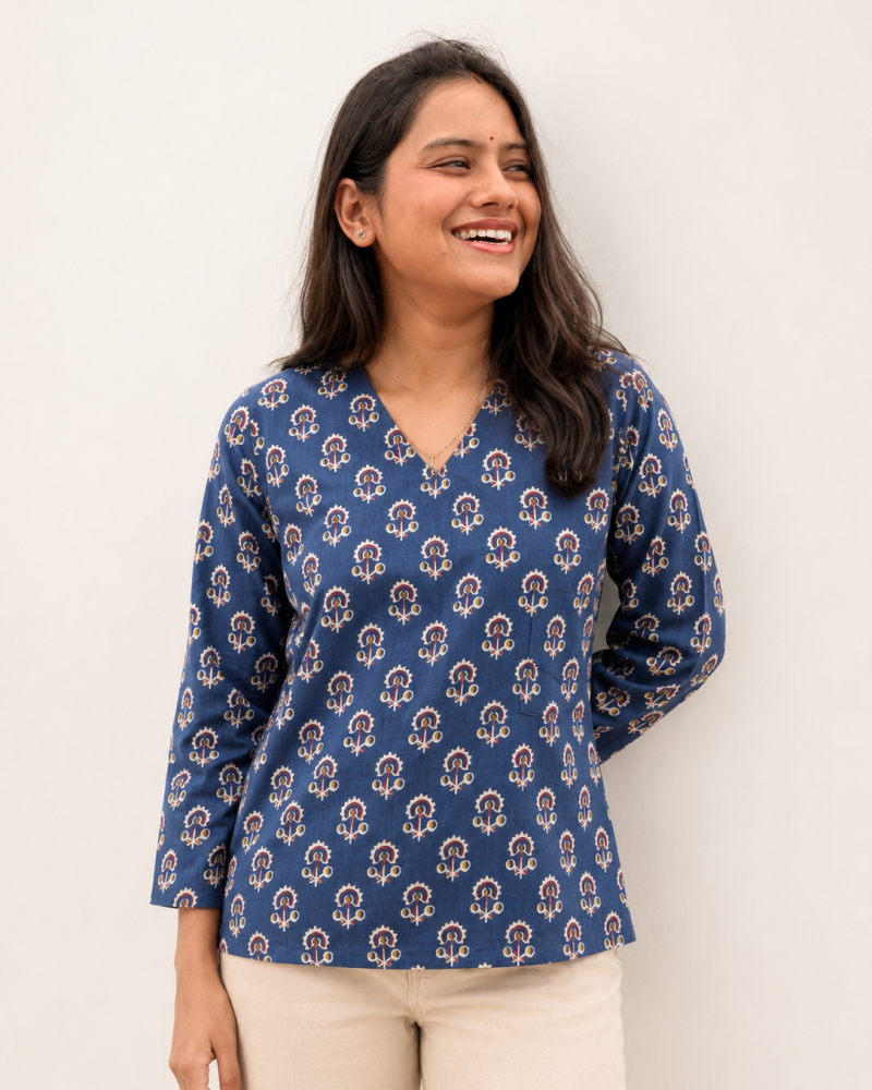 INDIGO MOTIF SUPER SHORT STRAIGHT KURTI