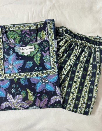 DARK BLUE FLORAL KURTA BOTTOM SET