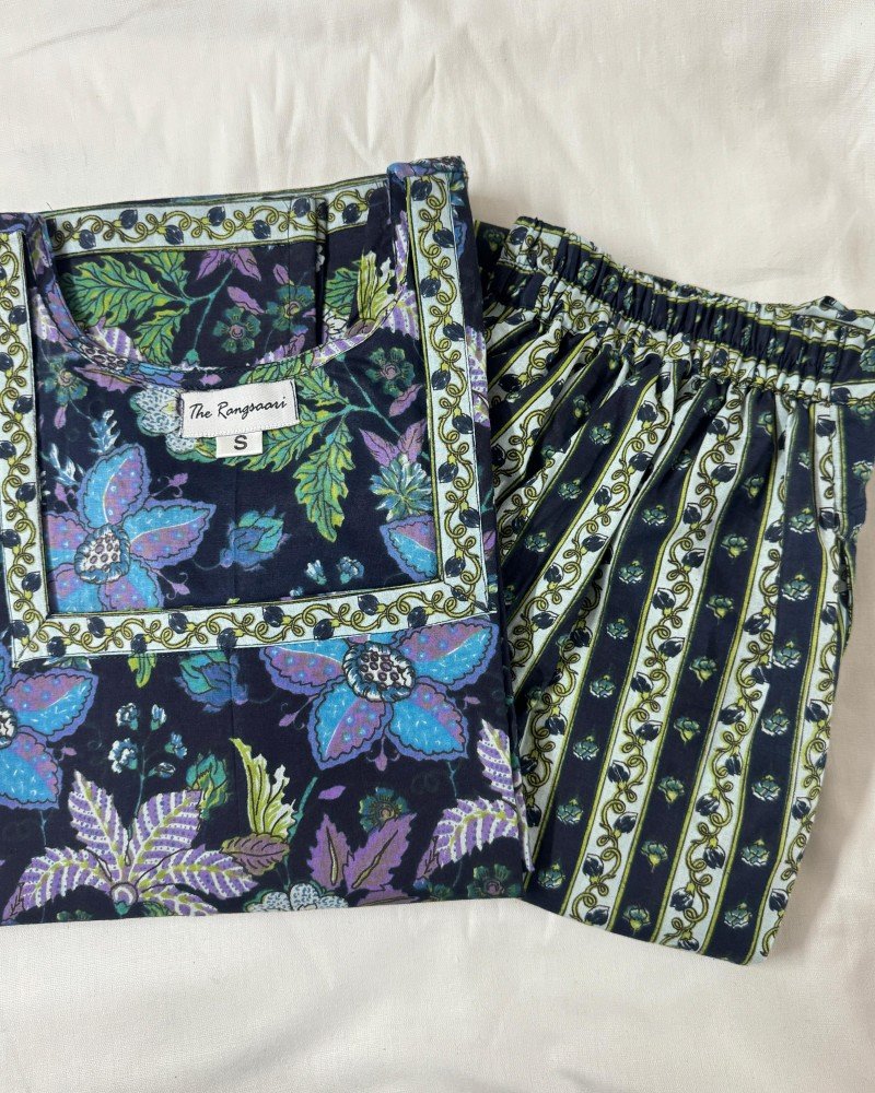 DARK BLUE FLORAL KURTA BOTTOM SET