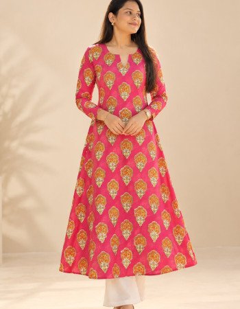 PINK ORANGE FLOWER CHANDERI  A LINE KURTI