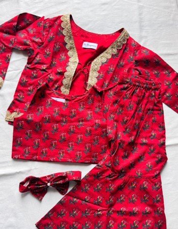 RED LITTLE FLORALS MOTIF FESTIVE CO-ORD SET WITH JACKET KIDS DRESS