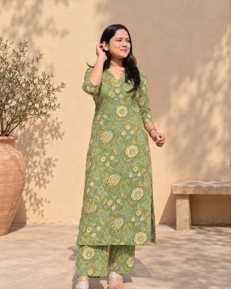 GREEN HANDBLOCK KURTA BOTTOM SET