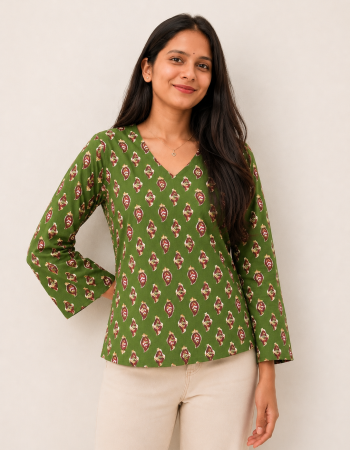 DARK GREEN BOOTA SUPER SHORT STRAIGHT KURTI