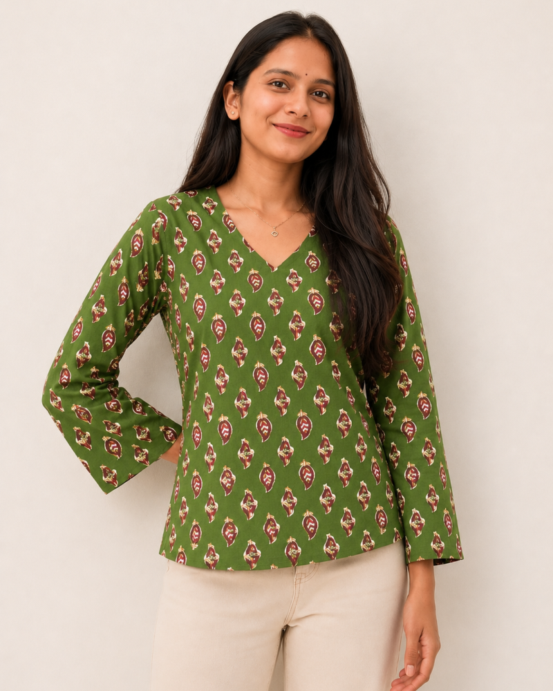 DARK GREEN BOOTA SUPER SHORT STRAIGHT KURTI