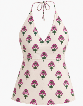 WHITE PINK FLOWER BACKLESS SHORT KURTI