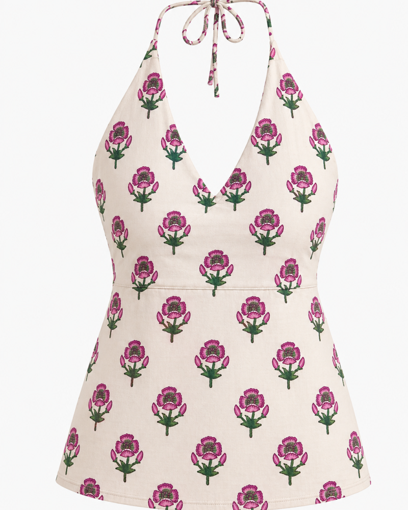 WHITE PINK FLOWER BACKLESS SHORT KURTI