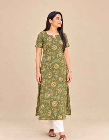 GREEN HANDBLOCK LONG STRAIGHT KURTI