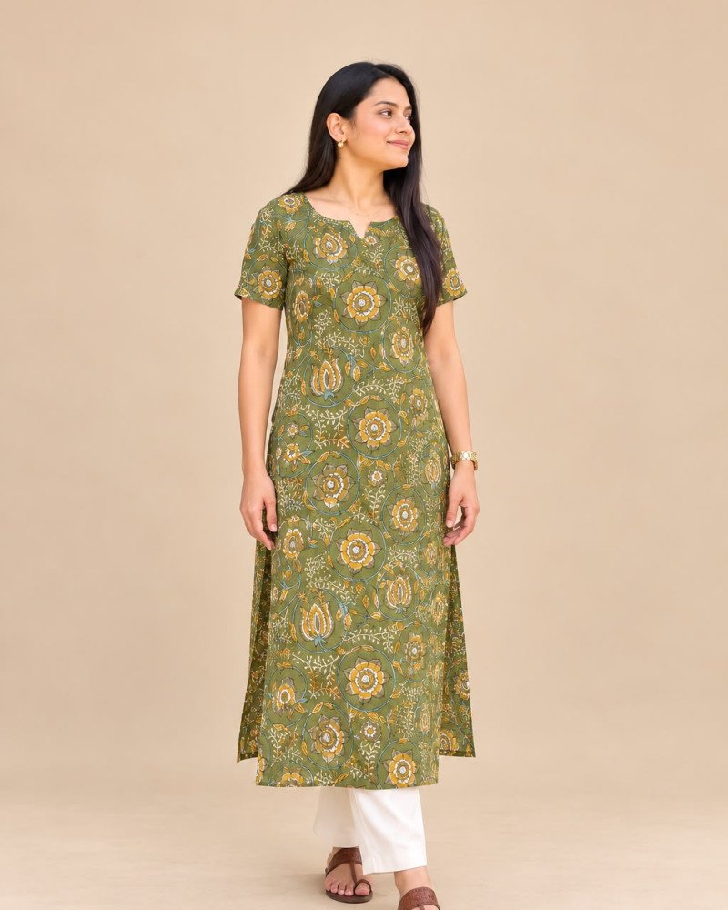 GREEN HANDBLOCK LONG STRAIGHT KURTI